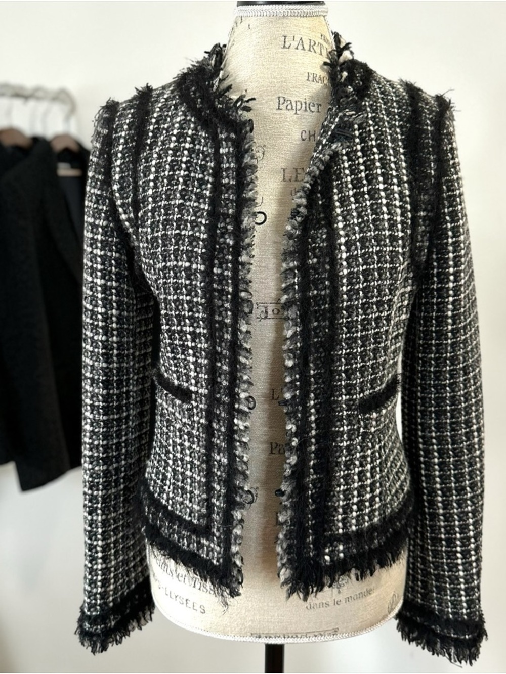 GUESS Marciano Wool Tweed Blazer 8 Black White Fringe